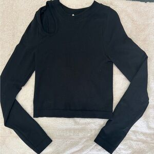 Casual Ribbed Black Long Sleeve Top with cutout right front shoulder
